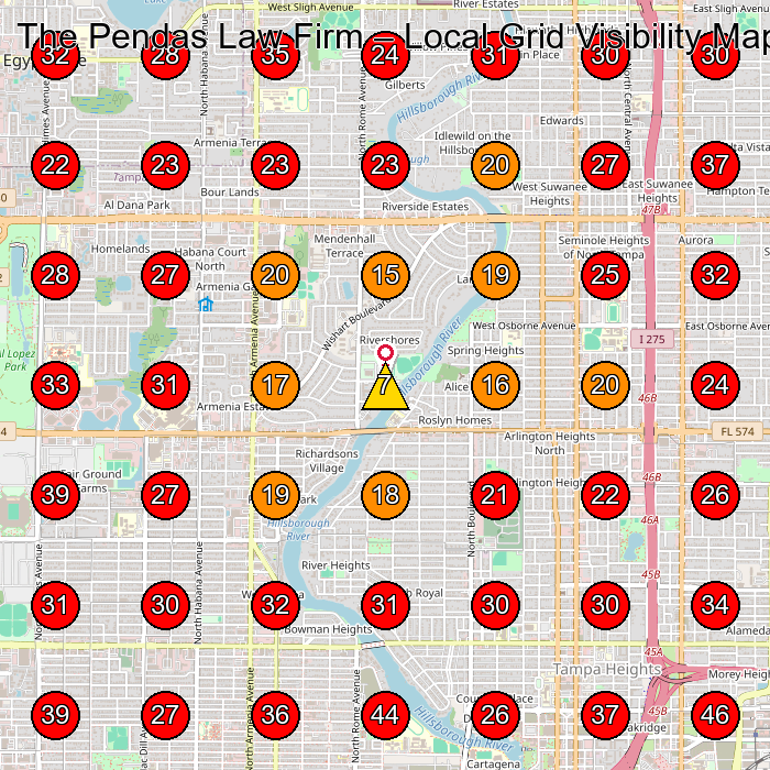 The Pendas Law Firm GeoGrid visibility map for Personal Injury Attorney in Tampa